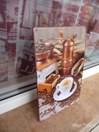 Метална табела кафе кафемелачка зърна джезве дървена лъжица