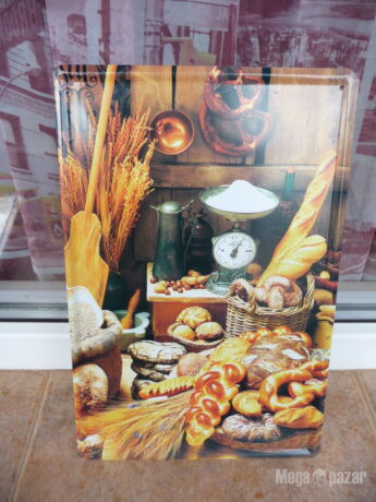 Метална табела храна хляб козунак франзели кифли кантар везна брашно житен клас